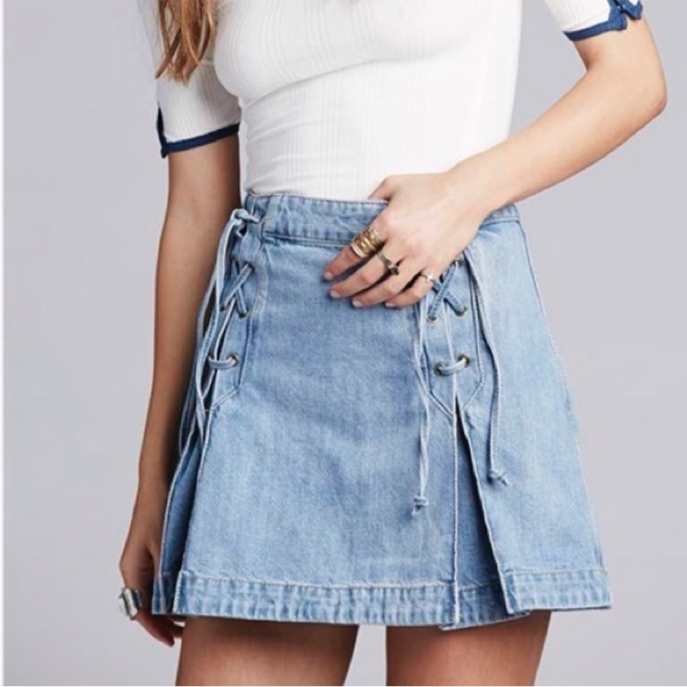 Free People Lace Up Denim Jean Mini Skirt in Light Wash